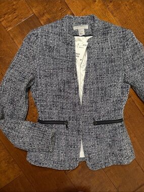 H&M Navy and White Tweed Collarless Blazer